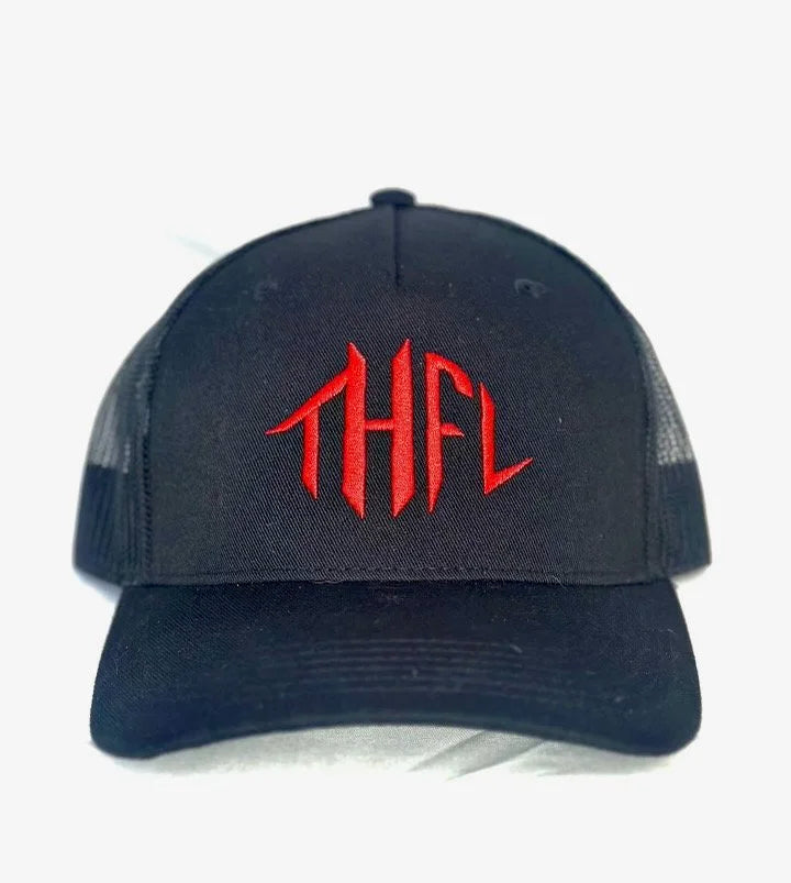 Too Hot For Leather Hat Red and Black Initial Logo
